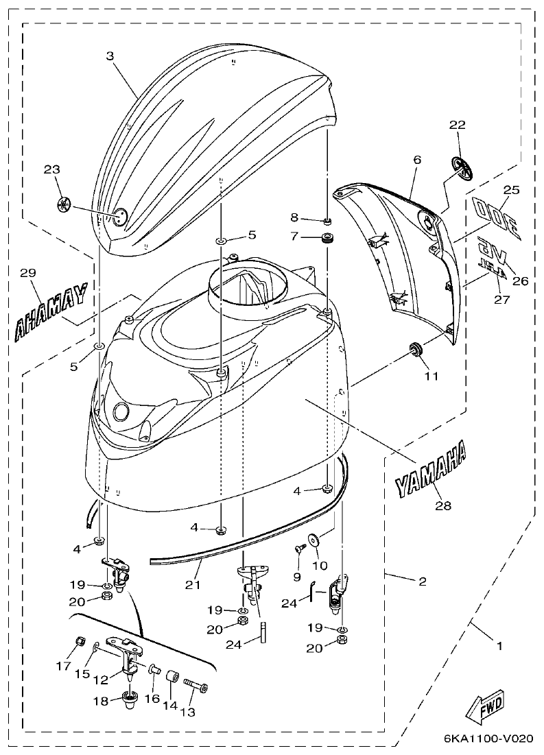 Yamaha F300FST, FL300FST, F300FST2, FL300FST2 TOP COWLING parts diagram